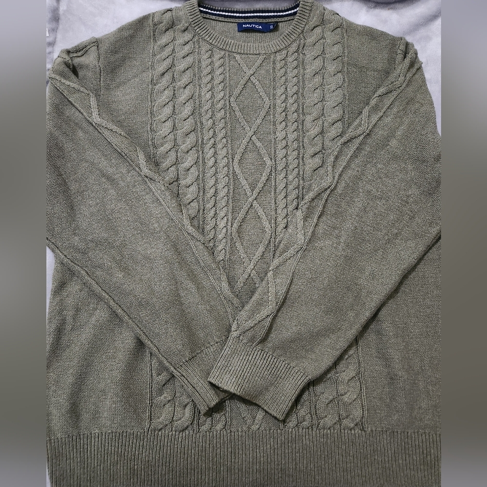 Nautica Men's Green Cable Knit Crewneck Sweater